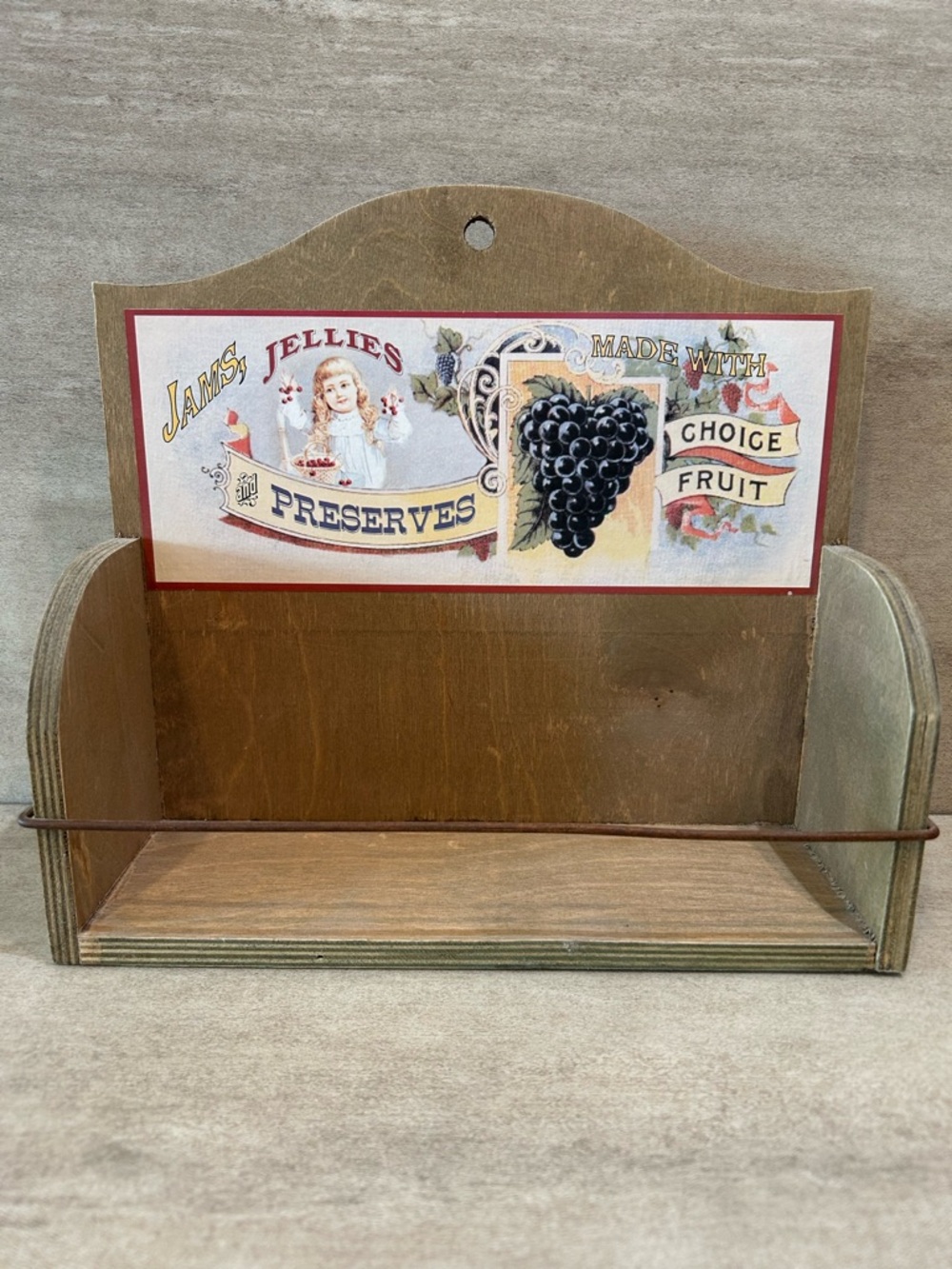 Preserves-Themed Rustic Wooden Wall Shelf in Brown